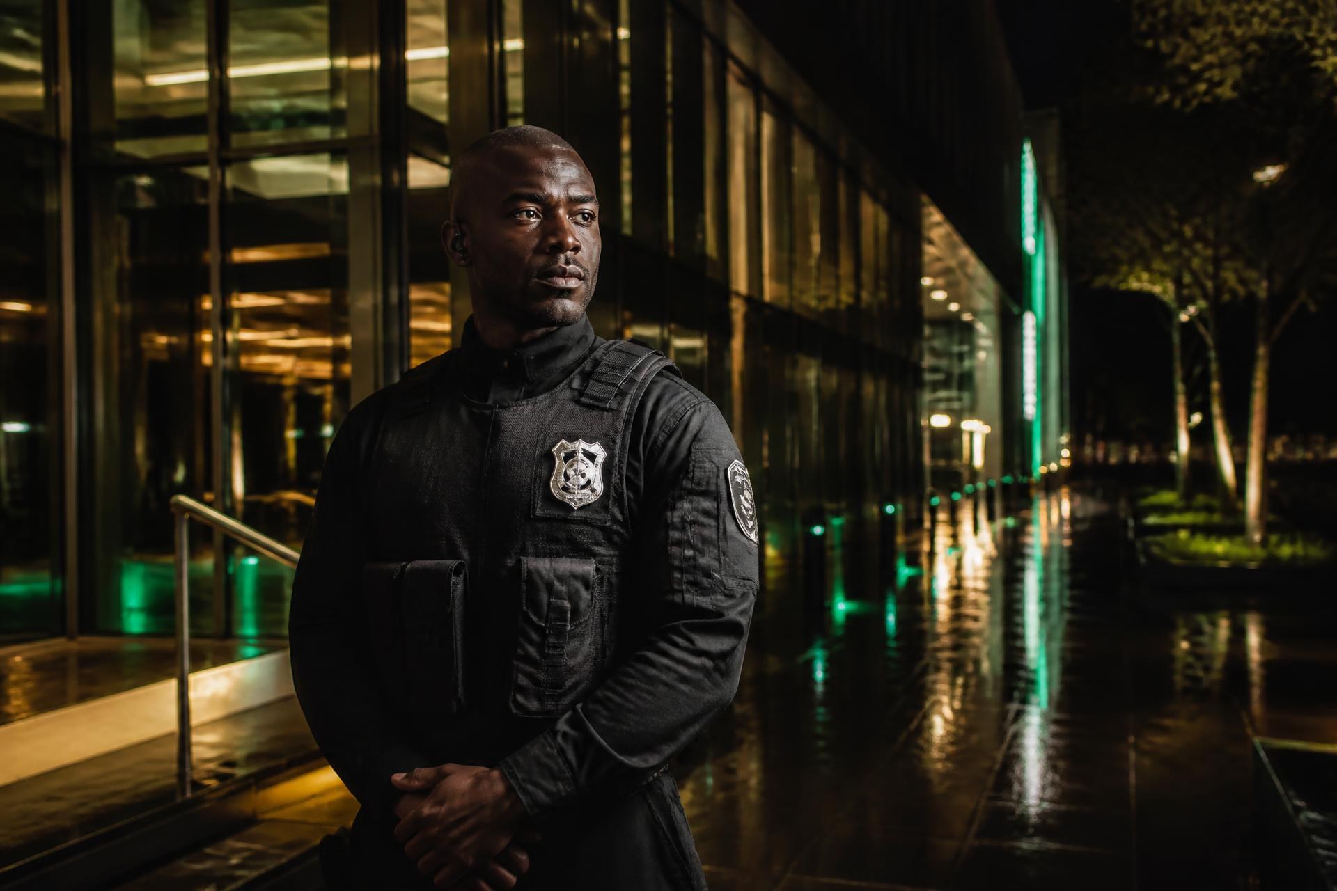 Genko Security officer on duty outside a corporate building at night