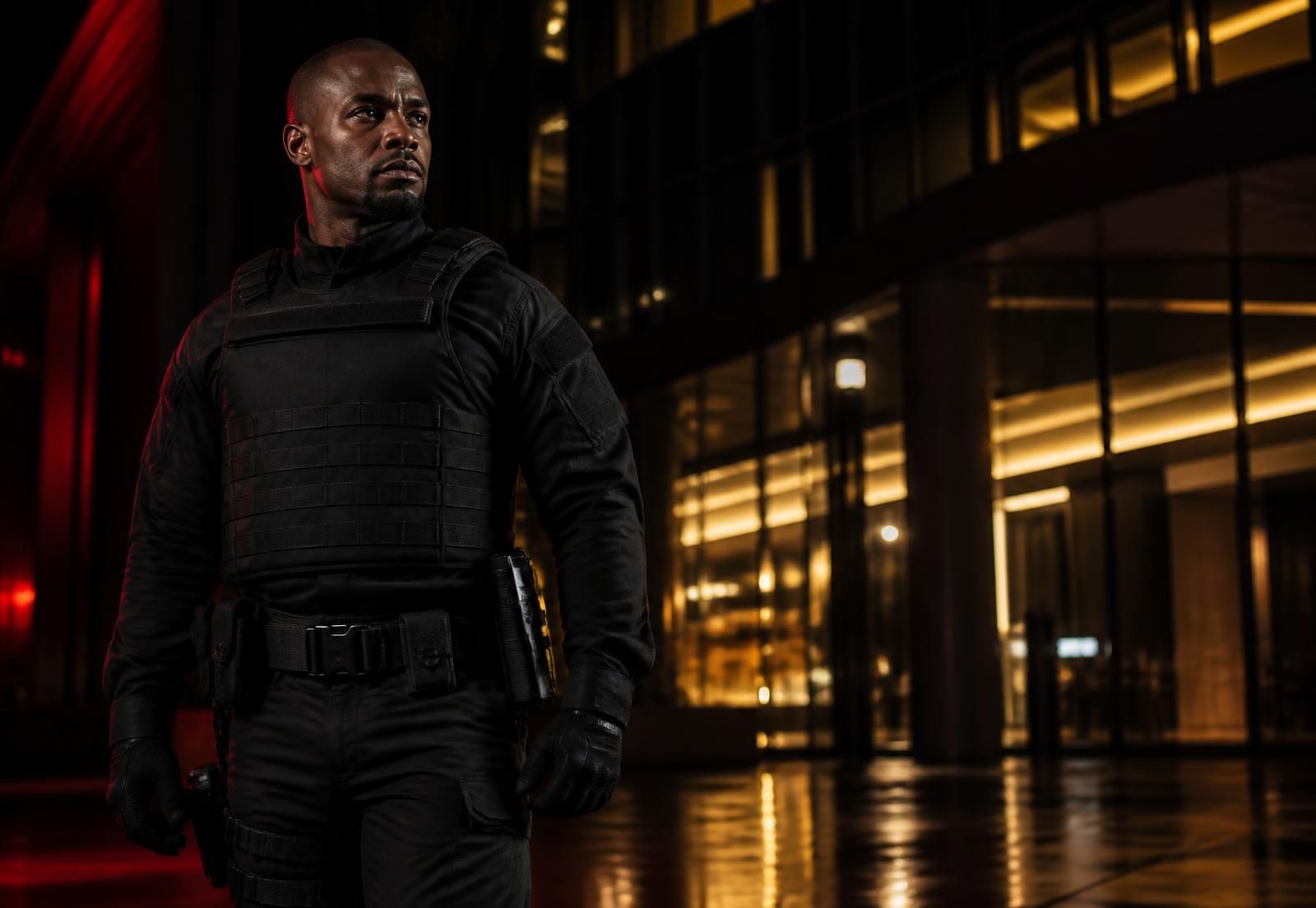 Genko Security officer on duty outside a corporate building at night